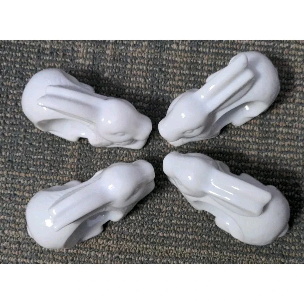 White‎ Ceramic Figural Bunny Rabbit Napkin Rings Set Of 4 Easter Table See Decor